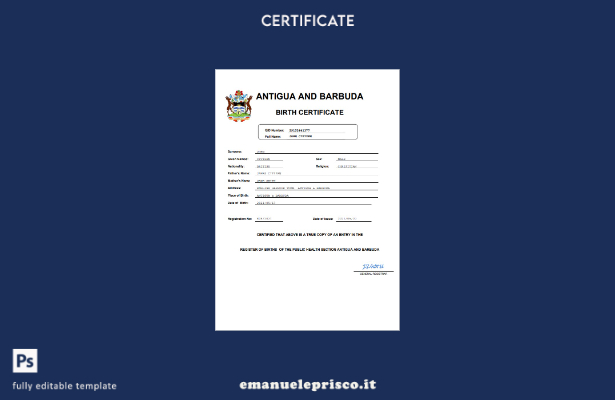 certificato di nascita di Antigua e Barbuda in stile verificato Modello Word e P